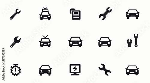 A collection of vector-based icons representing automotive repair and maintenance, featuring wrenches, cars, and related symbols, ideal for design and informational applications.
