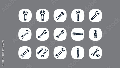 Collection of vector wrench icons ideal for repair shop websites, mobile apps, or any DIY project needing a professional and simple tool illustration.  These versatile icons are easily customizable