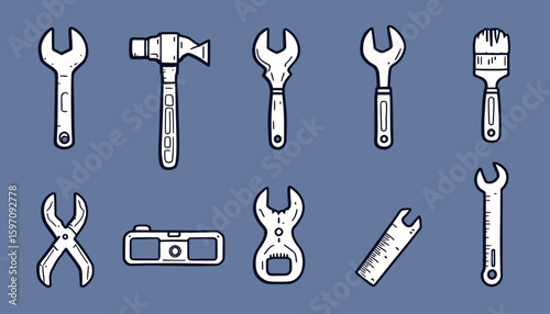 Detailed vector illustration showcases a collection of various hand tools, including wrenches, a hammer, pliers, and a level, set against a neutral backdrop, perfect for industrial or DIY themes.