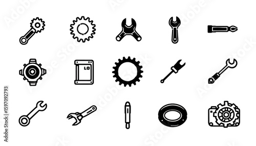 High-quality vector illustration of various wrenches and mechanical tools, perfect for industrial design, engineering projects, or DIY tutorials.  The set includes detailed icons of different types