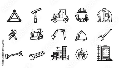 An isolated outline vector illustration showcases a collection of construction and industrial tools and equipment, perfect for conveying themes of repair, engineering, and building projects.