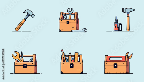 A meticulously designed vector illustration showcases a variety of hand tools, including a wrench, hammer, and toolbox, ideal for construction and repair-themed projects.
