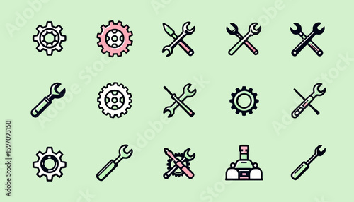 A collection of colorful vector icons featuring various wrenches and gears, ideal for illustrating settings, repair, and mechanical concepts.