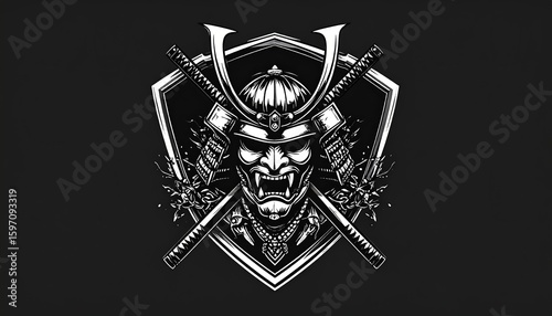 Intricate black and white graphic of a fierce samurai mask, swords, and shield.