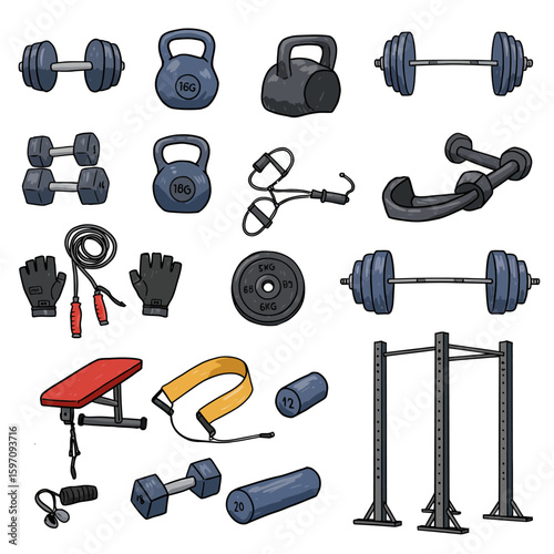 A vibrant illustration showcases various fitness equipment, including dumbbells, kettlebells, barbells, and exercise accessories, perfect for gym workouts and home fitness routines.