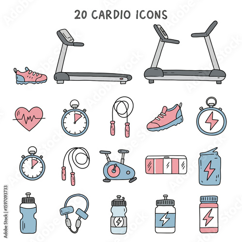 A collection of 20 hand-drawn pastel cardio fitness icons, featuring treadmills, jump ropes, and stopwatches, perfect for health and exercise designs.