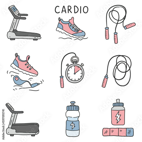 Collection of hand-drawn cardio fitness equipment and accessories, including treadmills, sneakers, jump ropes, and a stopwatch.