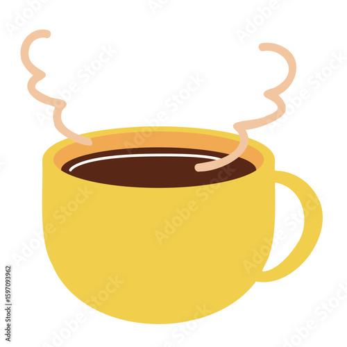 黄色のマグカップに入った、湯気の立ったホットコーヒーのシンプルなイラスト