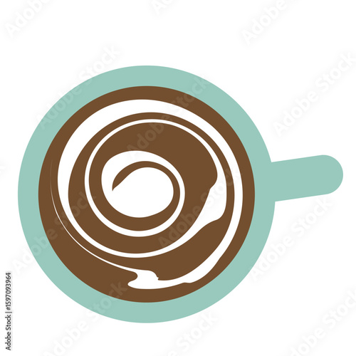 水色のカップに入ったミルク入りコーヒーを上から見たイラスト