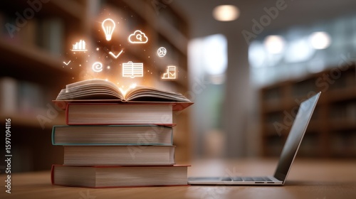A focused academic workspace with a stack of books and an open laptop representing the integ n of traditional and digital learning resources in a modern educational environment