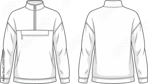 Sporty pullover sweatshirt front and back view, half zip fleece top design, activewear fashion template, CAD drawing flat vector illustration.