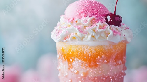 Delicious pink ice cream sundae with cherry and whipped cream