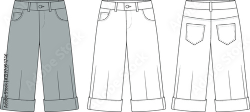 Wide leg cuffed jeans, fashion pants front and back view, CAD flat sketch template, technical vector drawing, apparel illustration design