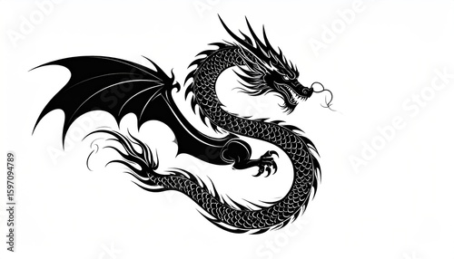 Silhouette of a mythical dragon in a dynamic pose against a plain background.