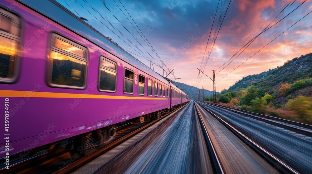 Naklejka premium A high speed train zipping through a picturesque countryside at sunset passing by mountains and valleys in a vibrant dynamic display of travel and adventure