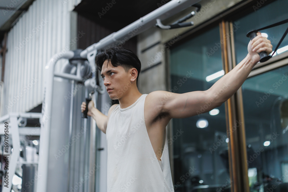 Determined sportsman performing cable fly exercise in gym Determined sportsman performing cable fly exercise in gym