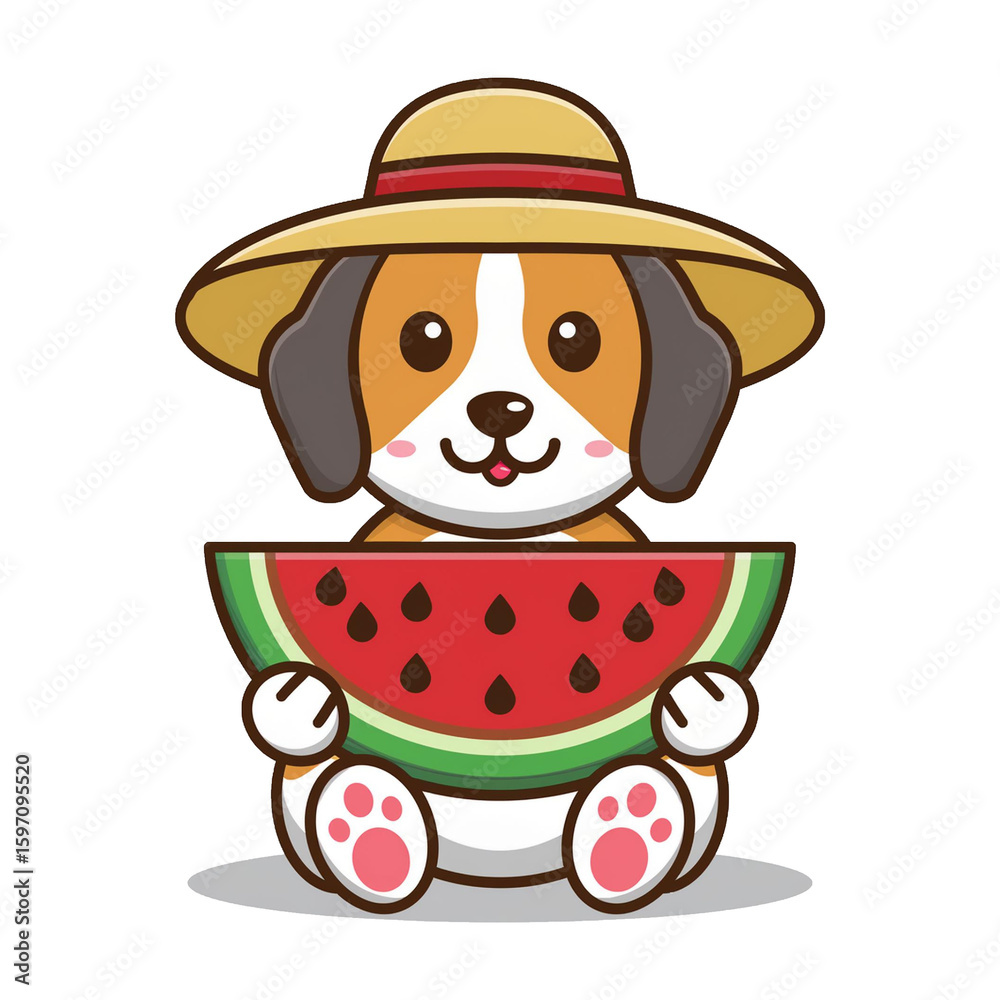 Naklejka premium スイカを食べる麦わら帽子のビーグルのフラットデザインAIイラスト1