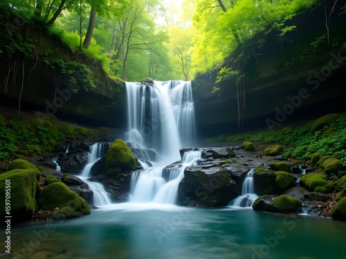Serene waterfall cascading over moss covered rocks in a lush green forest