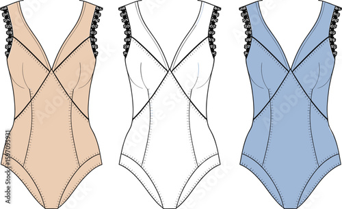 Women's lace bodysuit illustration, fashion lingerie design, CAD drawing flat, vector template, intimate apparel sketch, stylish one-piece garment, front view details