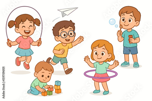 Diverse kids engaging in playful activities, children flying paper airplane, blowing bubbles, and skipping rope