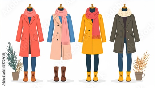 Four stylish winter outfits displayed on mannequins, showcasing coats, scarves, boots, and leggings.