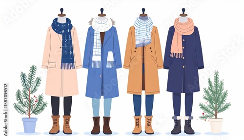 Four mannequins display winter outfits with coats, scarves, leggings, and boots, flanked by potted evergreen trees on a white background.