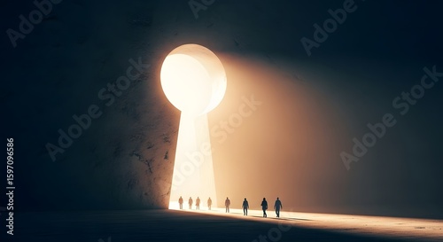 Silhouettes of people walking towards a bright glowing keyhole shaped opening.
