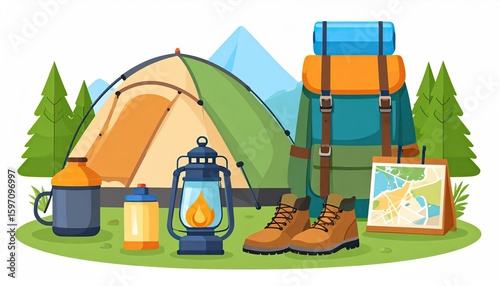 Colorful camping gear illustration, including tent, backpack, boots, and map, set against a backdrop of mountains and forest.