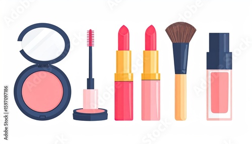 A collection of stylish makeup products including lipstick, blush, lip gloss, and brush.