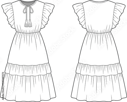 Cad drawing flat vector illustration of ruffled dress, flutter sleeves, tiered skirt, elastic waist, tassel tie, feminine, summer fashion, casual wear, elegant design.
