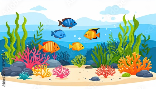 Colorful cartoon illustration of an underwater scene with various fish swimming among seaweed, coral, rocks, and a sandy seabed beneath a blue ocean surface.