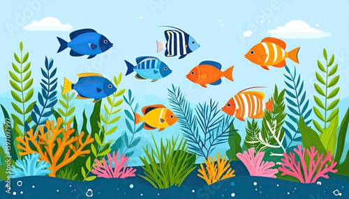 Vibrant underwater scene with colorful fish and coral reefs.