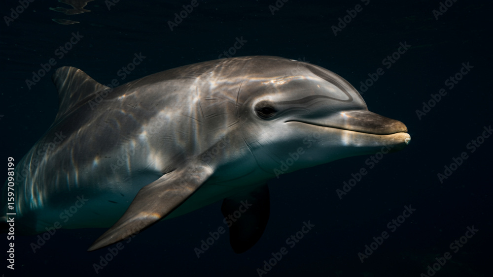 Fototapeta premium close up of a dolphin looking at the camera in the ocean, dark background