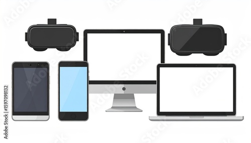 Flat design illustration of various modern electronic devices, including VR headsets, computers, and smartphones.