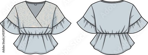 Cad drawing flat vector illustration of women’s blouse, ruffle sleeves, textured fabric bodice, peplum waist, V-neck, casual style, loose fit, fashion design, garment technical drawing.