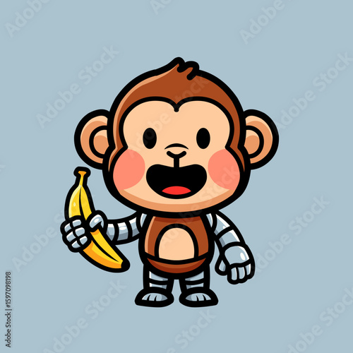 Funny Robot Monkey Holding Banana – Cartoon Tech Animal