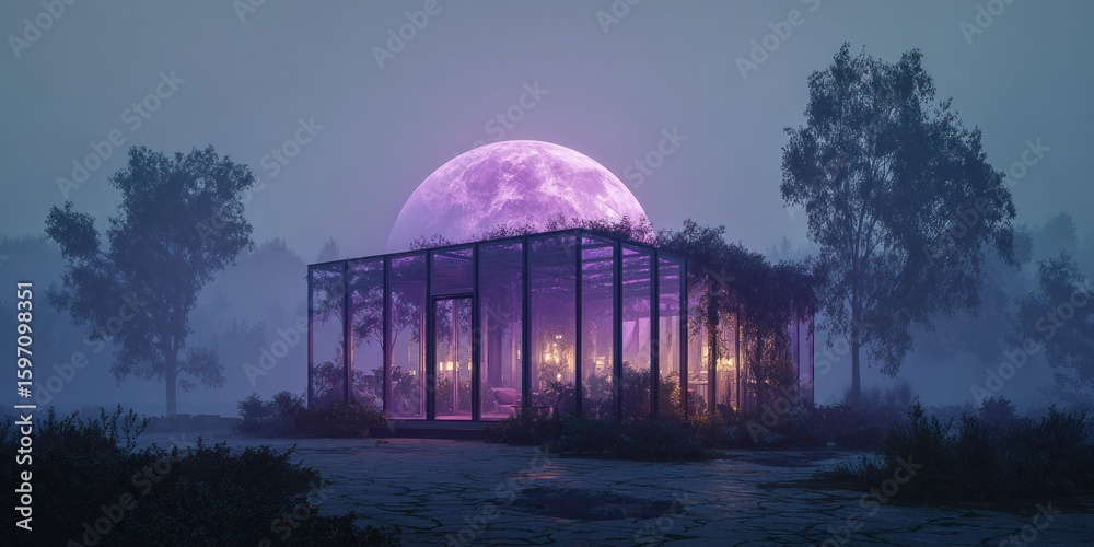 Obraz premium Misty nighttime structure under full moon
