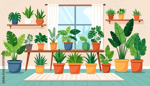 A sunlit room filled with a diverse collection of potted houseplants arranged on shelves and a long table.