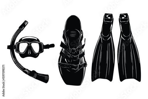 scuba diving equipment silhouette with fins, mask, and snorkel