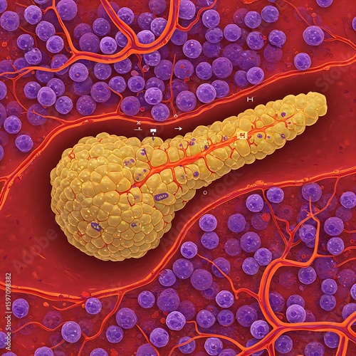 pancreatic islet cells, differentiated by color to highlight insulin and glucagon production, with a subtle vascular supply woven throughout, in warm oranges and reds.