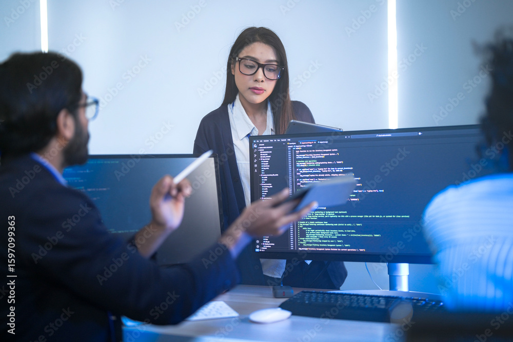 Fototapeta premium A data science team collaborates, analyzing a neural network model and code on multiple screens. Concept for AI development, machine learning, and data analysis.