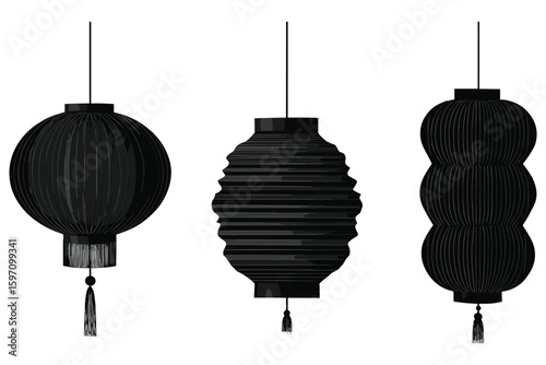 set of traditional Chinese paper lantern silhouettes hanging on strings