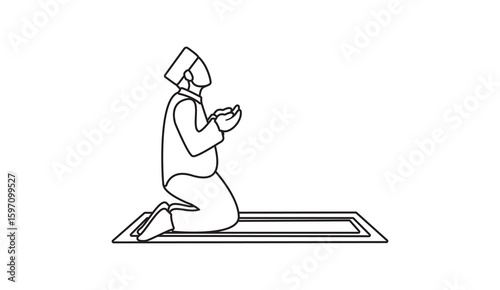 Muslim man praying sitting position icon set - solid and outline style
