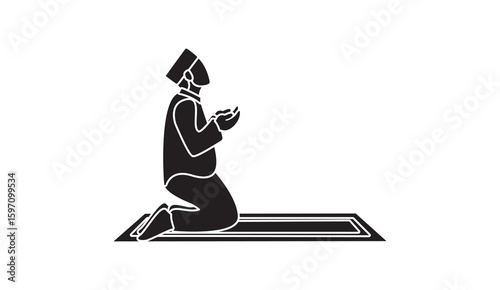 Muslim man praying sitting position icon set - solid and outline style

