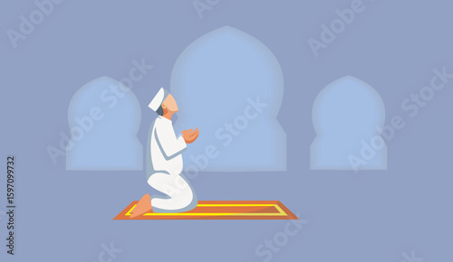 Vector illustration of a Muslim man praying on a prayer mat inside a mosque
