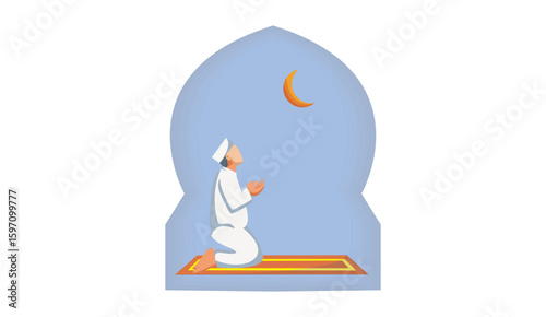 Vector illustration of a Muslim man praying under the moon
