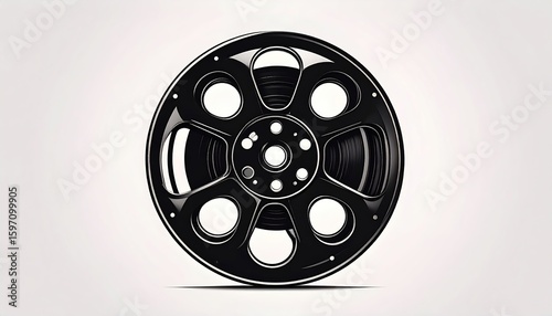 Black film reel, classic cinema, movie production, vintage media.