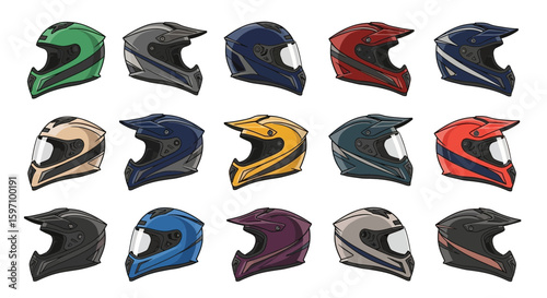 Fifteen colorful motocross helmets are arranged in a grid pattern, showcasing various designs and color combinations against a white background.