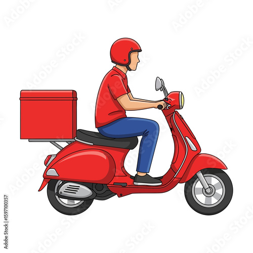 Illustration of a delivery man riding a red scooter with a red delivery box on the back.