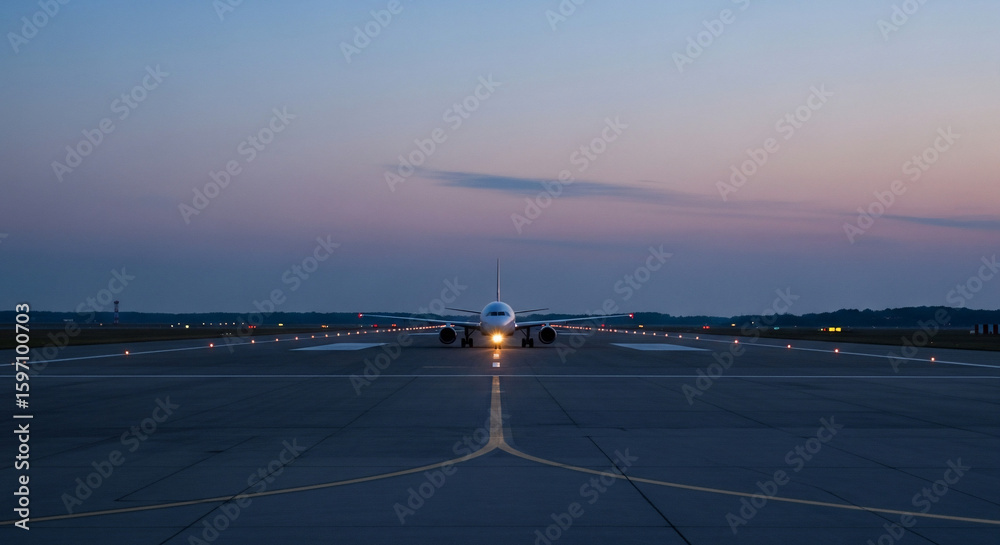 Fototapeta premium Airplane poised on the runway, illuminated by headlights, at dusk, ready for takeoff.
